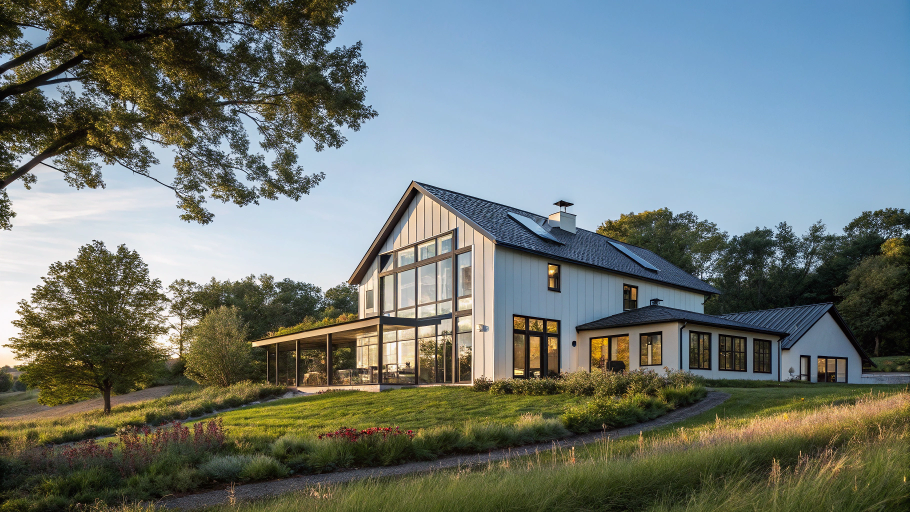 Collage of modern farmhouse home with beautiful landscaping and a swim spa in the backyard